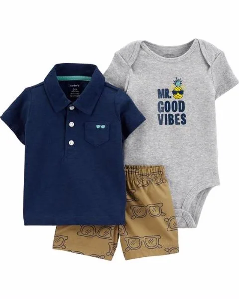 Carter's Set 3 piese Vibes - body, tricou tip Polo si pantaloni scurti foto