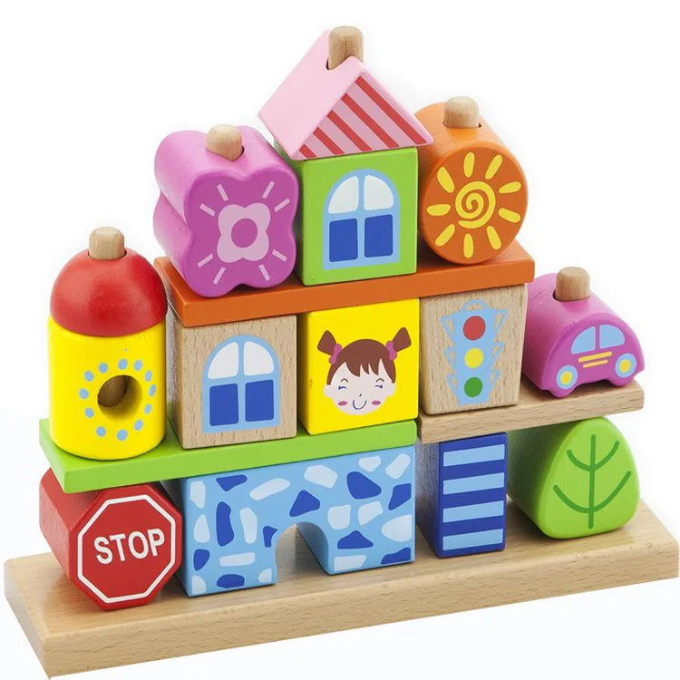 Set de constructie din lemn educativ Viga Toys Stacking Blocks City