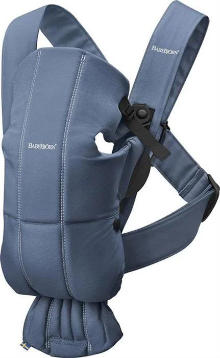 Marsupiu anatomic BabyBjorn Mini Vintage Indigo cu pozitii multiple de purtare, bumbac