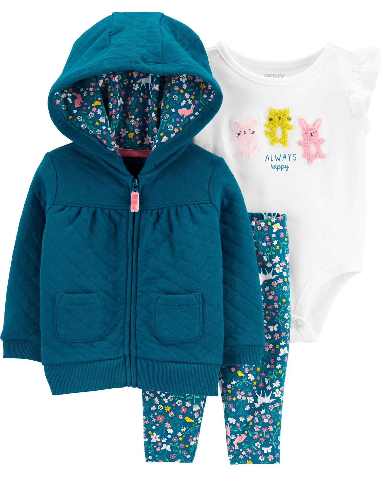 Carter's Комплект 3 в 1 Цветочки - кофта с капюшоном, боди и штаны foto