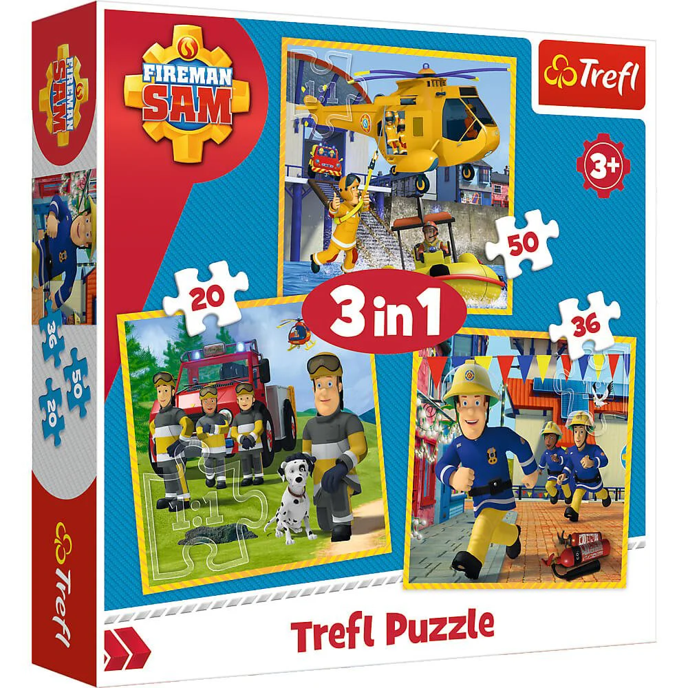 Puzzle Trefl 3 in 1 Pompierul Sam in actiune (20, 36, 50 piese)