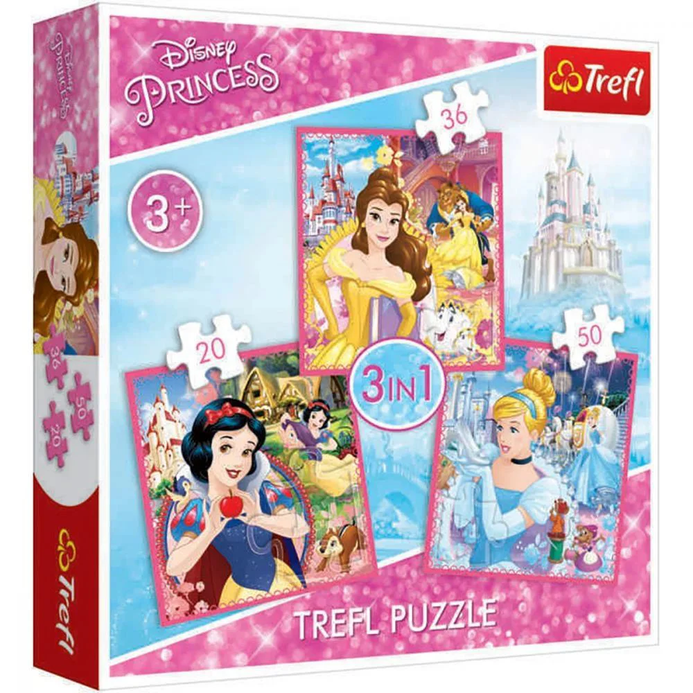 Puzzle Trefl 3 in 1 Disney, Lumea fermecatoare a printeselor (20, 36, 50 piese) foto