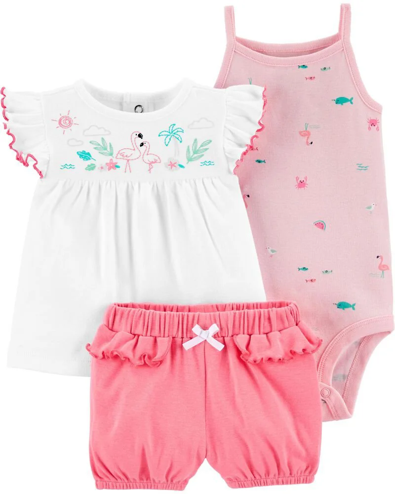 Carter's Set 3 piese Flamingo - body, top si pantaloni scurti foto