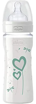 Бутылочка стеклянная Chicco Decorated Glass с силиконовой соской, 240 мл