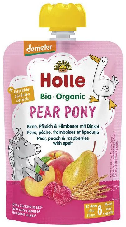 Piure Holle Pear Pony de pere, piersici, zmeura si grau spelt (8+ luni), 100 g