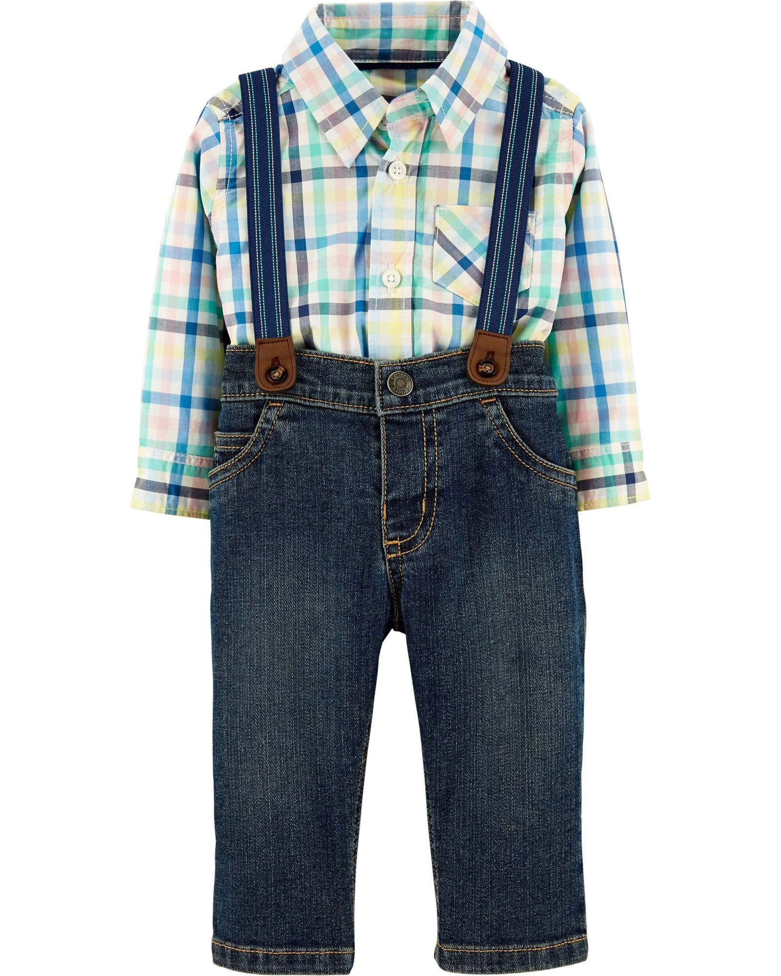 Carter's Set 3 piese Pantaloni, body tip camasa in carouri si bretele foto
