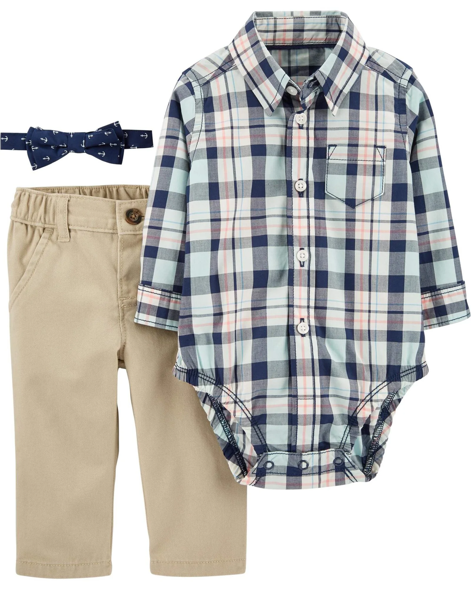 Carter's Set 3 piese Pantaloni bej, body tip camasa in carouri si papion foto