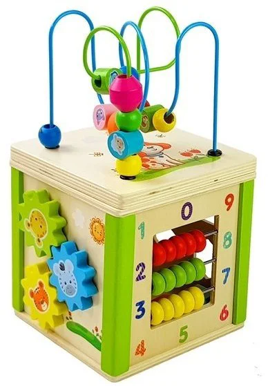 Cub educational LEANTOYS din lemn cu sorter si labirint