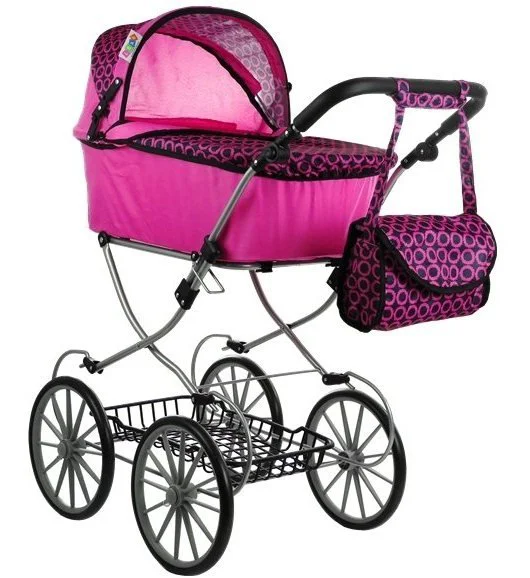 Carucior LEANTOYS pentru papusi retro cu gentuta Alice culoare roz foto