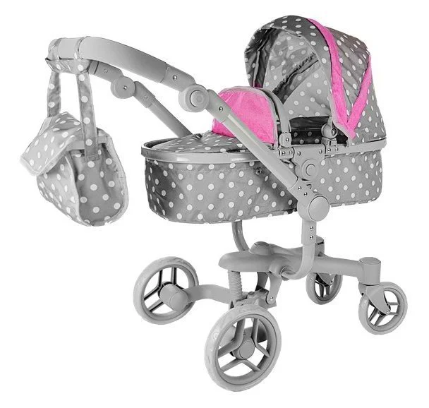 Carucior LEANTOYS pentru papusi cu gentuta Alice culoare sur-roz cu buline foto