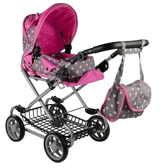 Carucior LEANTOYS pentru papusi cu gentuta si accesorii Alice culoare sur-roz cu buline foto