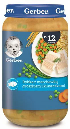 Piure Gerber Junior Peste cu morcov, mazare si paste (12+ luni), 250 g