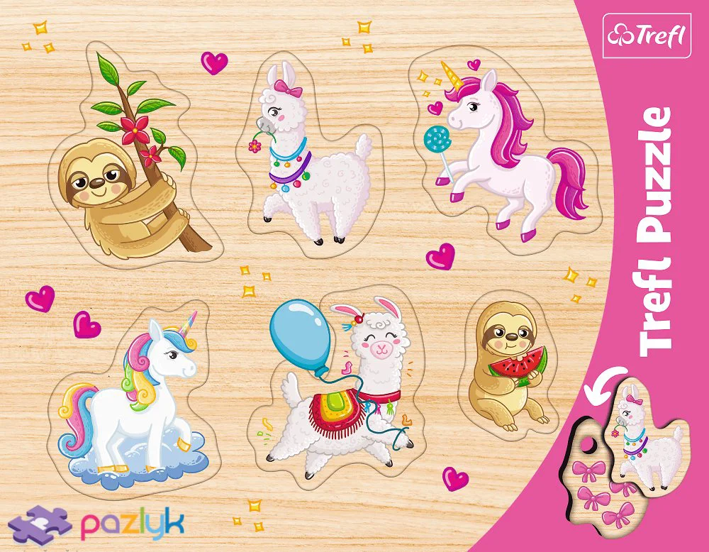 Puzzle Trefl Frame shaped puzzles / Unicorns, lammas and sloths, 6 piese foto