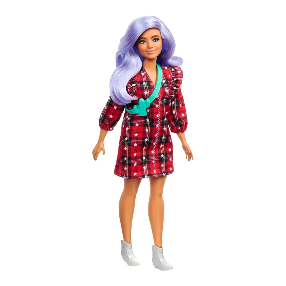Papusa Barbie Fashionista in rochie cu carouri foto