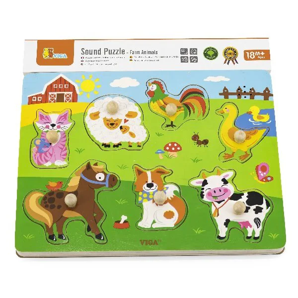 Puzzle cu maner din lemn Viga Toys Ferma cu sunet