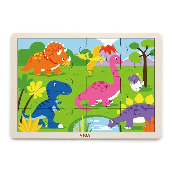 Puzzle in cadru de lemn Viga Toys Dinozauri, 16 elemente foto