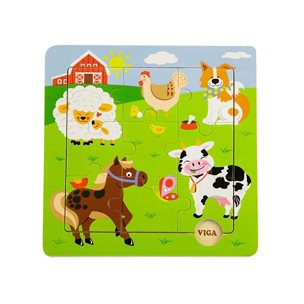 Puzzle in cadru din lemn Viga Toys Ferma cu animale, 9 piese