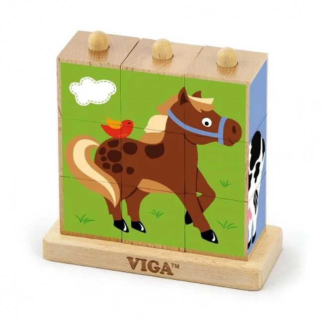 Cuburi puzzle pe tija verticala din lemn Viga Toys Animale din ferma foto