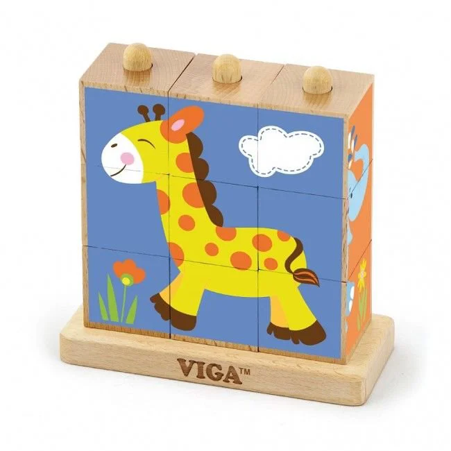 Cuburi puzzle pe tija verticala din lemn Viga Toys Animale salbatice foto