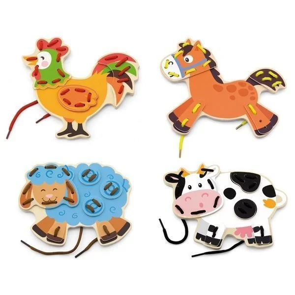 Jucarie educativa cu siret din lemn Viga Toys Animalele de la ferma foto