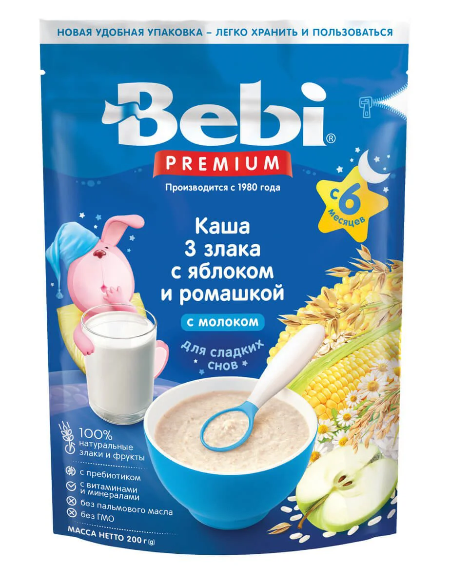 Terci din 3 cereale cu lapte Bebi Premium cu mere si romanita (6+ luni), 200 g
