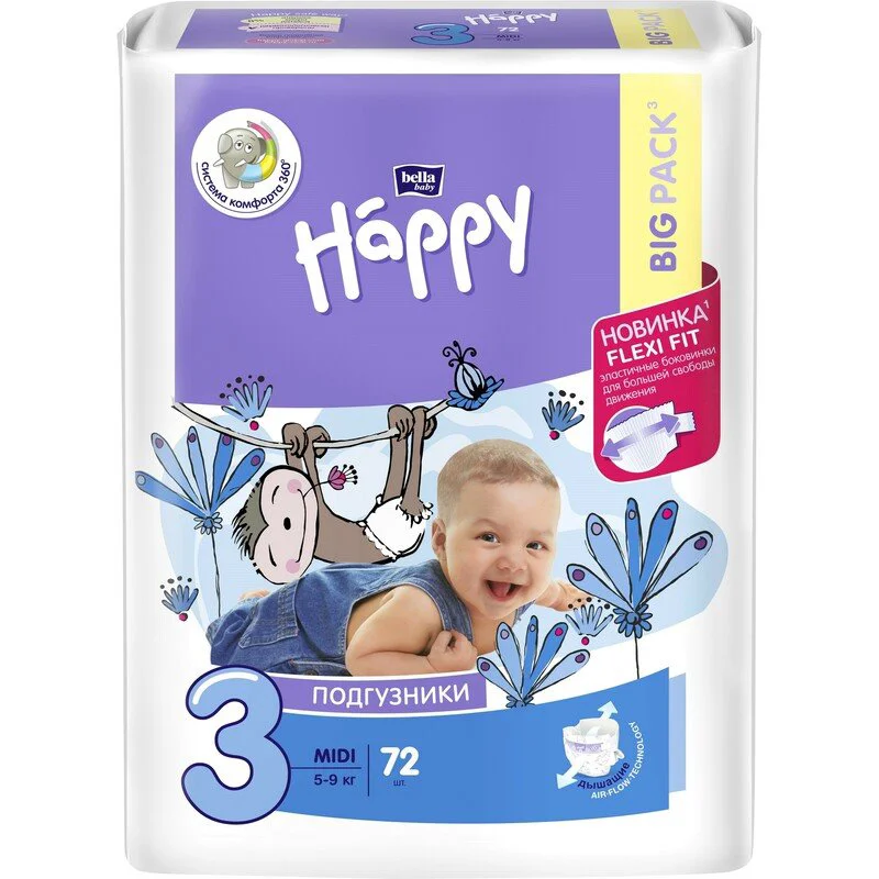 Подгузники Happy Midi 3 Big Pack (5-9 кг), 72 шт. foto