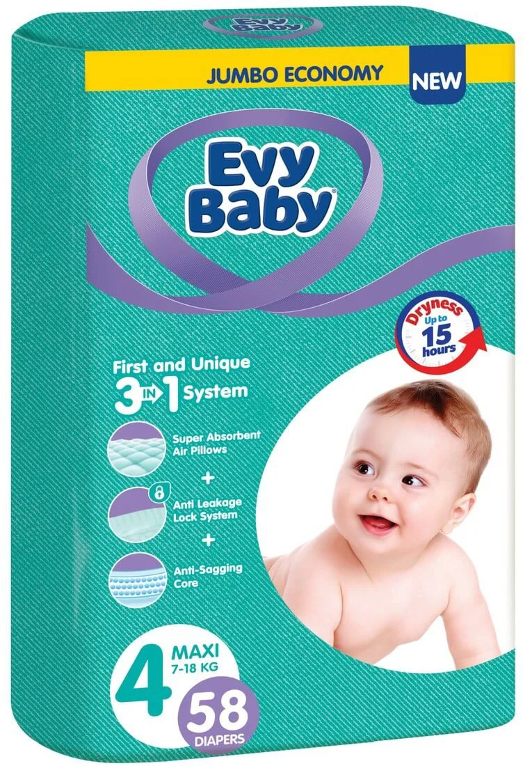 Scutece Evy Baby 4 (7-18 kg), 58 buc.