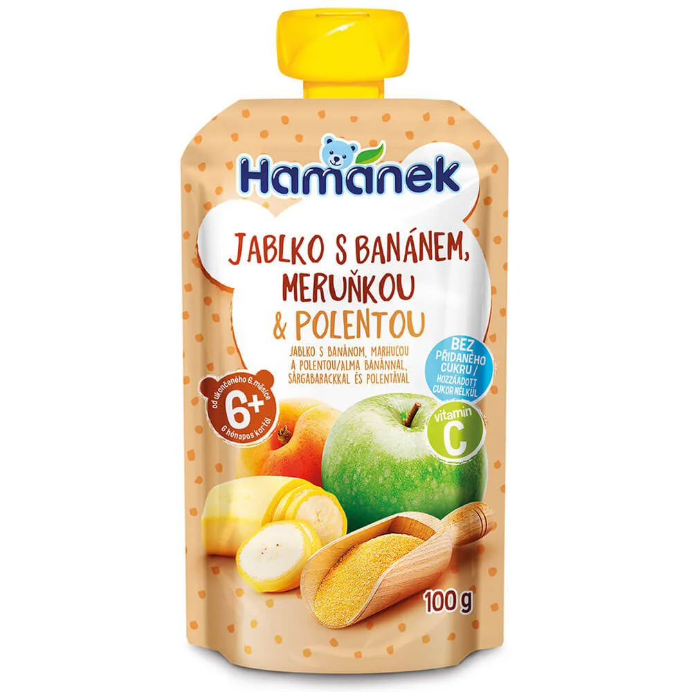 Piure Hamanek de mere, banane, caise si polenta (6+ luni), 100 g