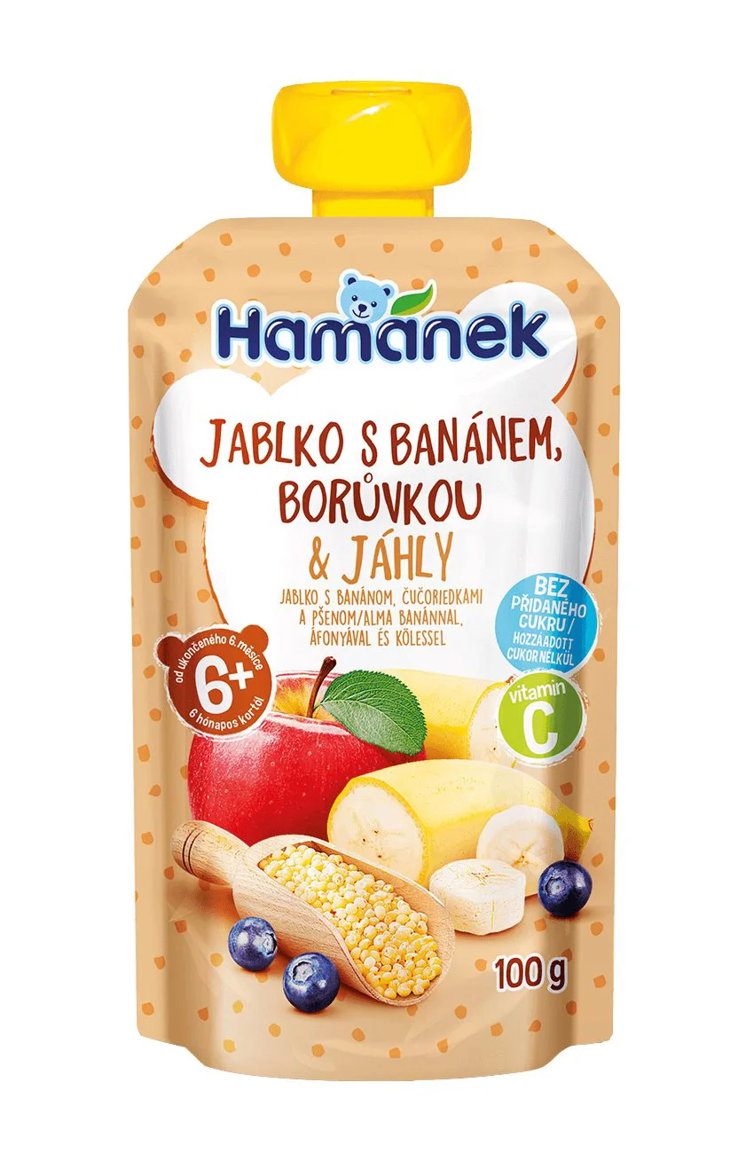 Piure Hamanek de mere, banane, afine si mei (6+ luni), 100 g foto