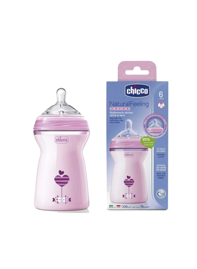 Biberon din plastic Chicco Natural Feeling Pink cu tetina din silicon (6+ luni), 330 ml foto