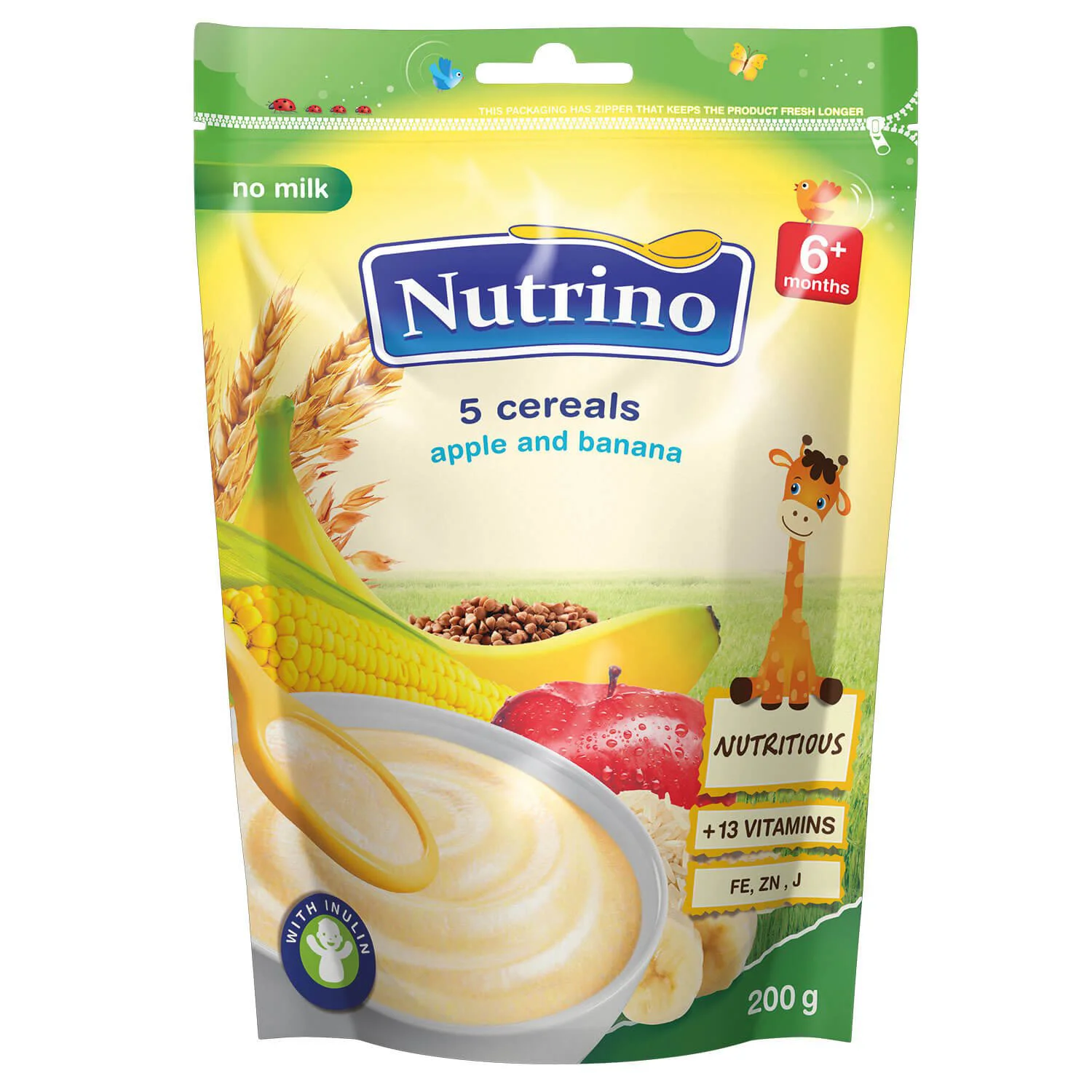 Terci din 5 cereale fara lapte Nutrino cu mere si banane (6+ luni), 200 g