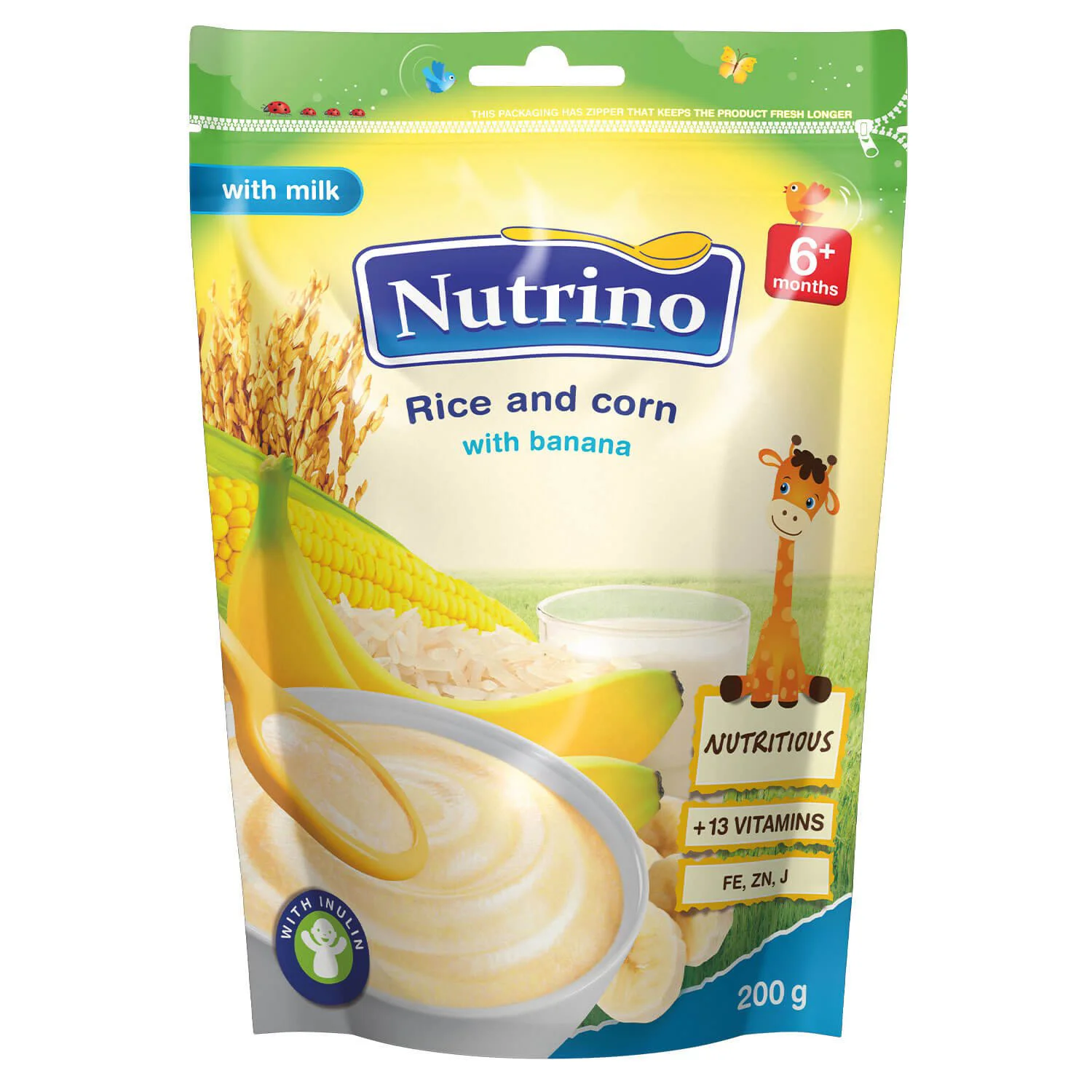 Terci de orez si porumb cu lapte Nutrino cu banane (6+ luni), 200 g
