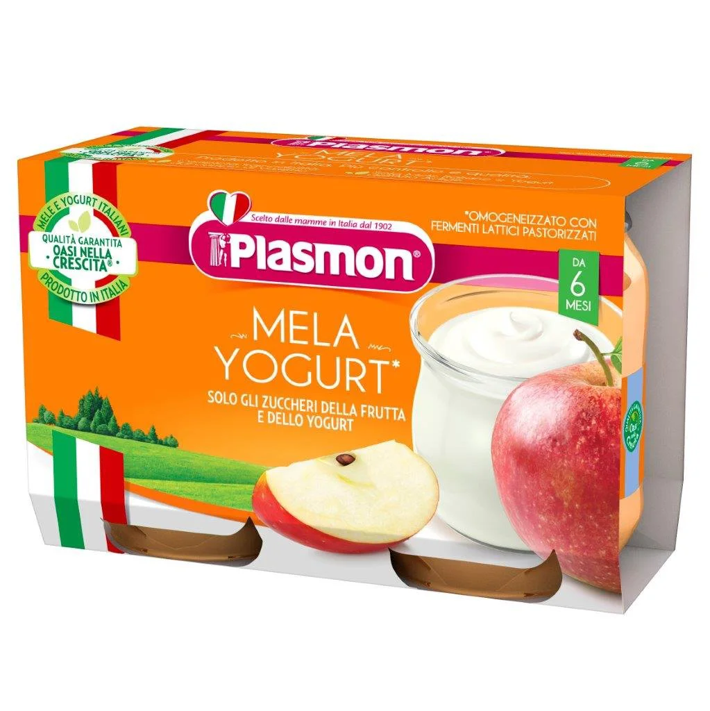 Пюре Plasmon яблочное с йогуртом (6+ мес.), 2х120 г