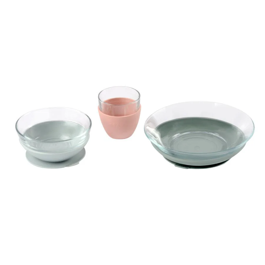 Set de masa 3 piese din sticla antiderapant Beaba Duralex Eucalyptus Gri/Roz