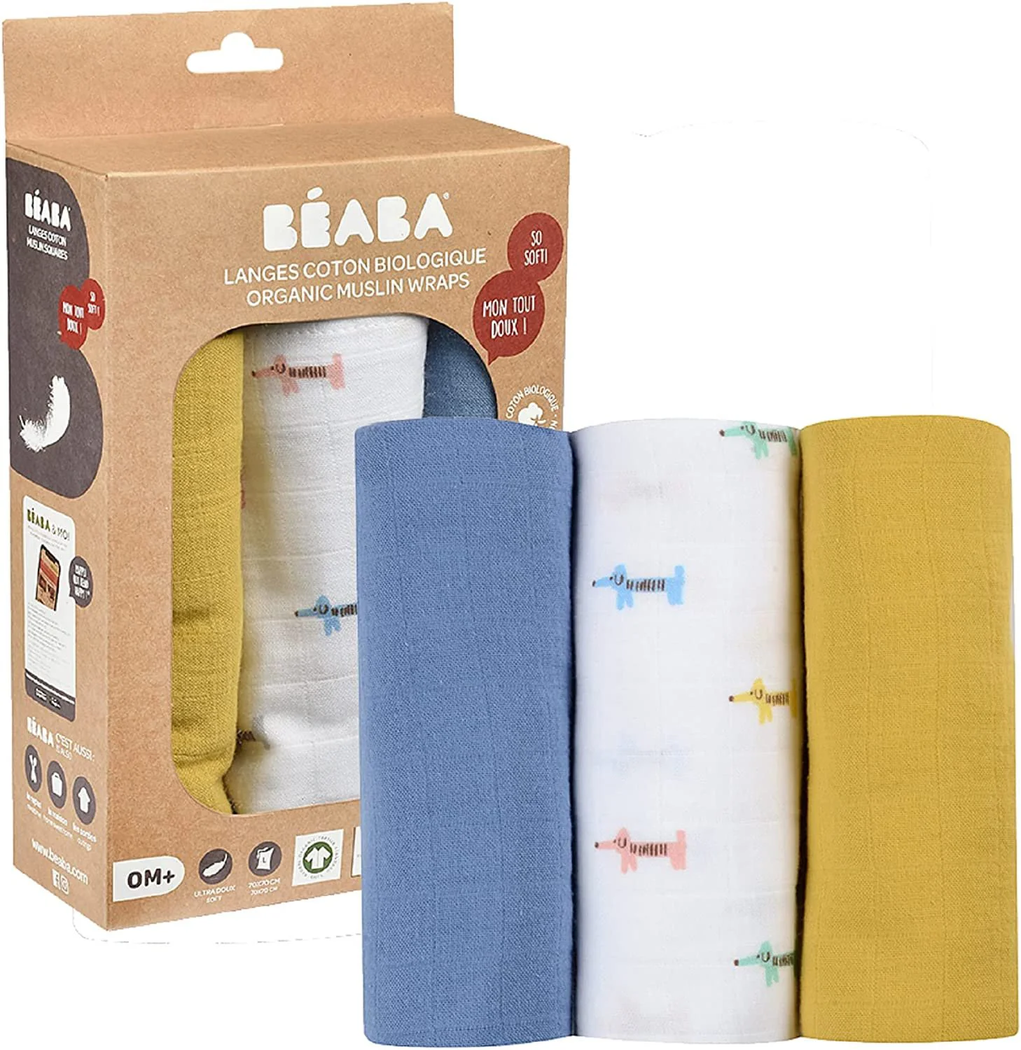 image for Набор муслиновых пеленок Beaba Teckel Beige 70x70 см, 3 шт. foto