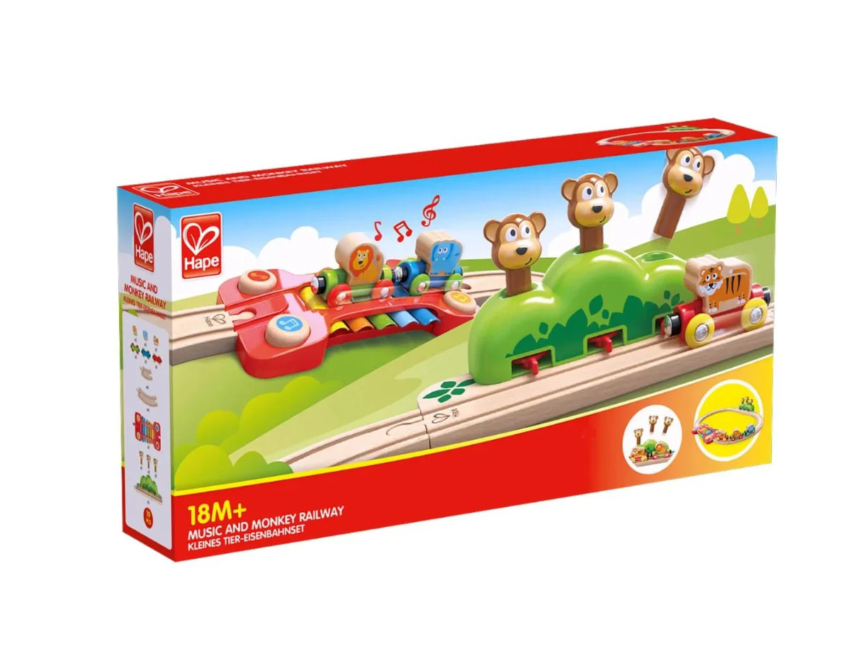 Jucarie din lemn Hape Music and Monkey Railway