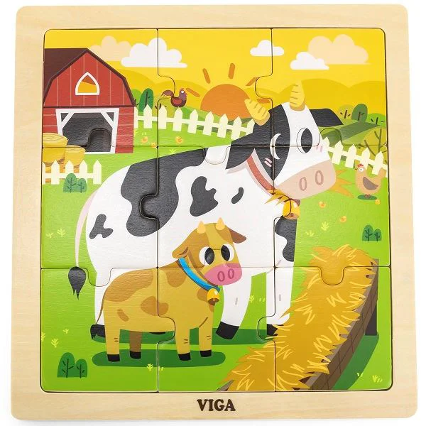 Puzzle cu piese mari din lemn Viga Toys Vacute, 9 piese