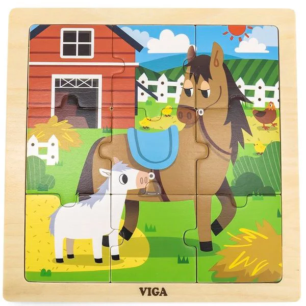 Puzzle cu piese mari din lemn Viga Toys Caluti, 9 piese