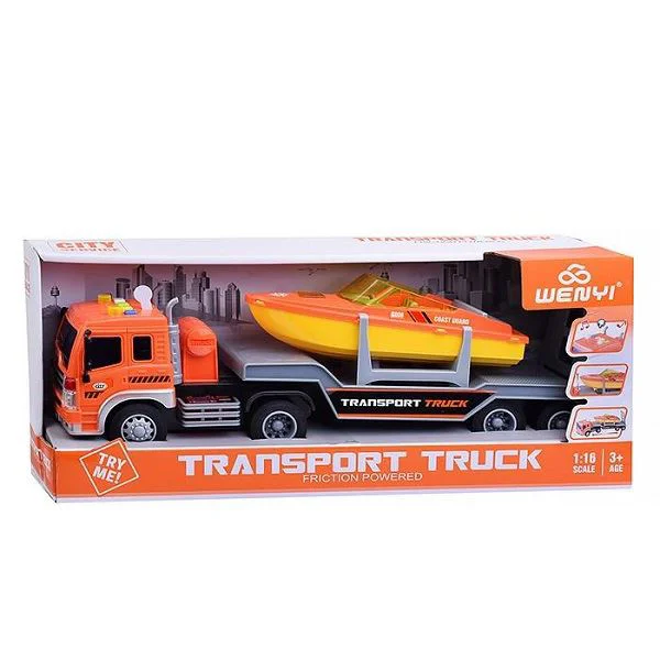 Camion transportator cu frictiune Wenyi cu barca, lumina si sunet, 1:16 foto