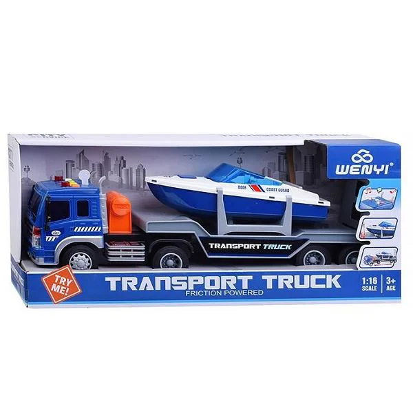 Camion transportator cu frictiune Wenyi cu barca, cu lumina si sunet, 1:16 foto