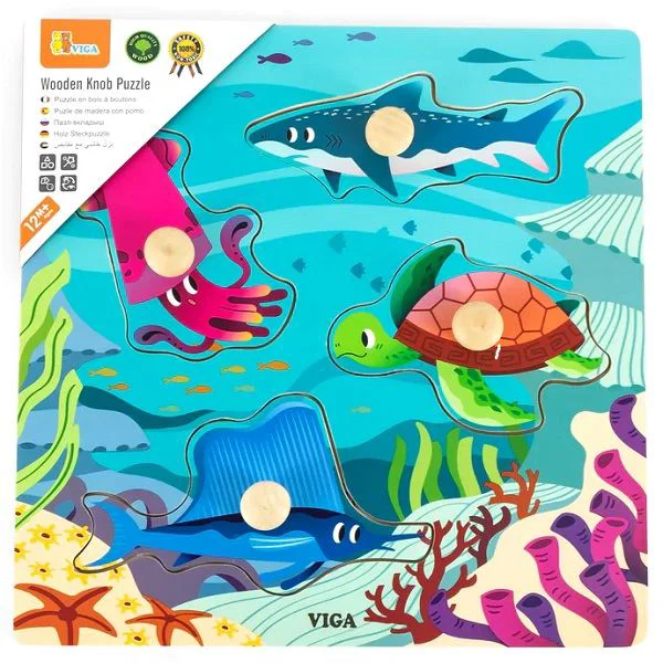 Puzzle cu manere din lemn Viga Toys Animale acvatice