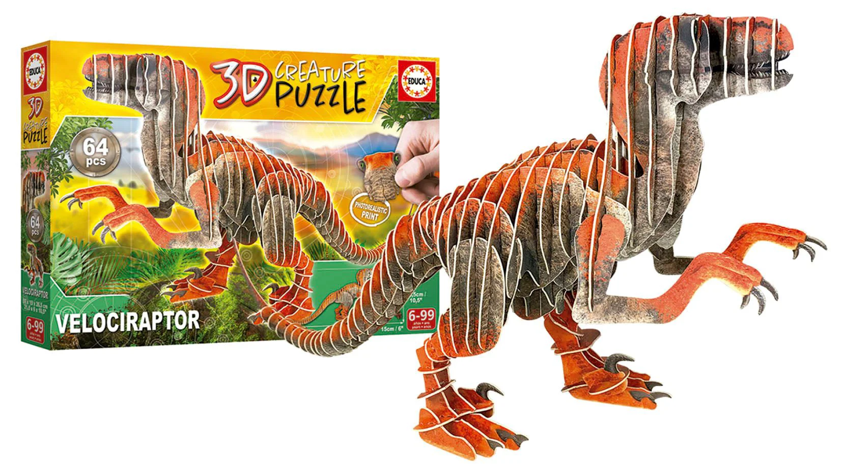 Puzzle Educa Velociraptor 3D Creatura, 64 piese