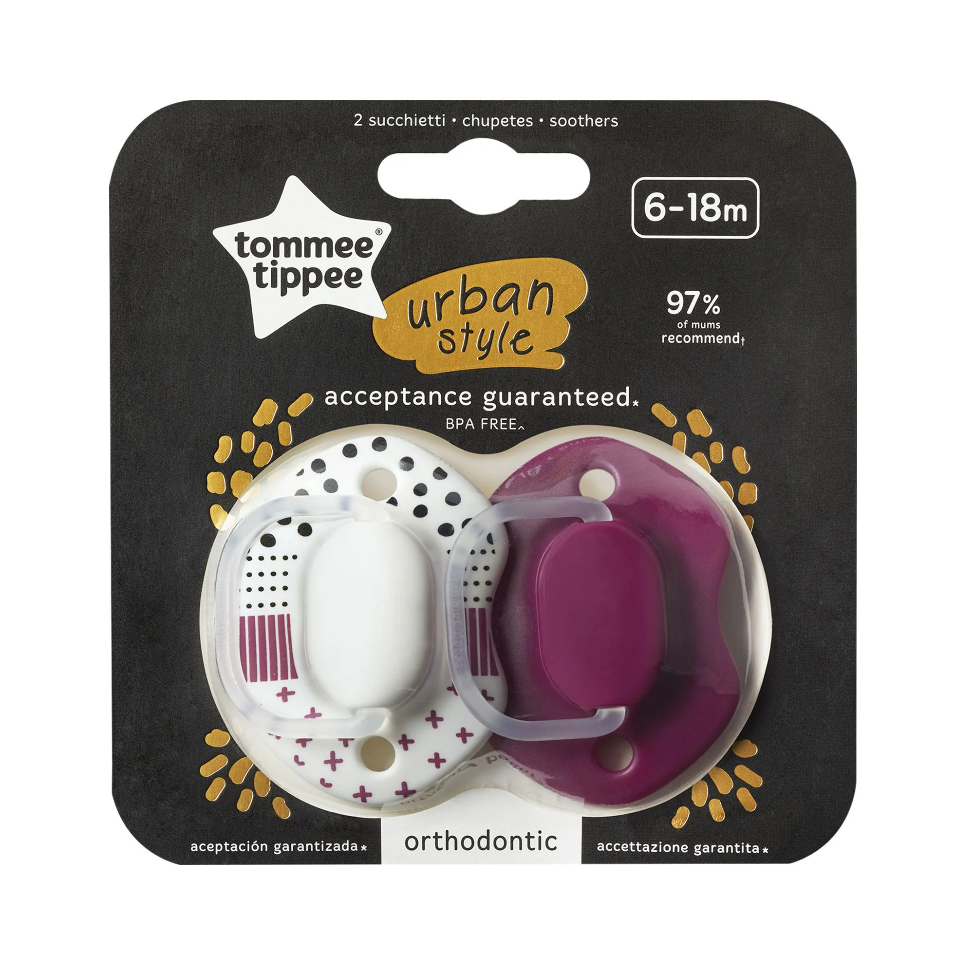 Пустышка cиликоновая ортодонтическая Tommee Tippee Urban Girl (6-18 мес.), 2 шт.