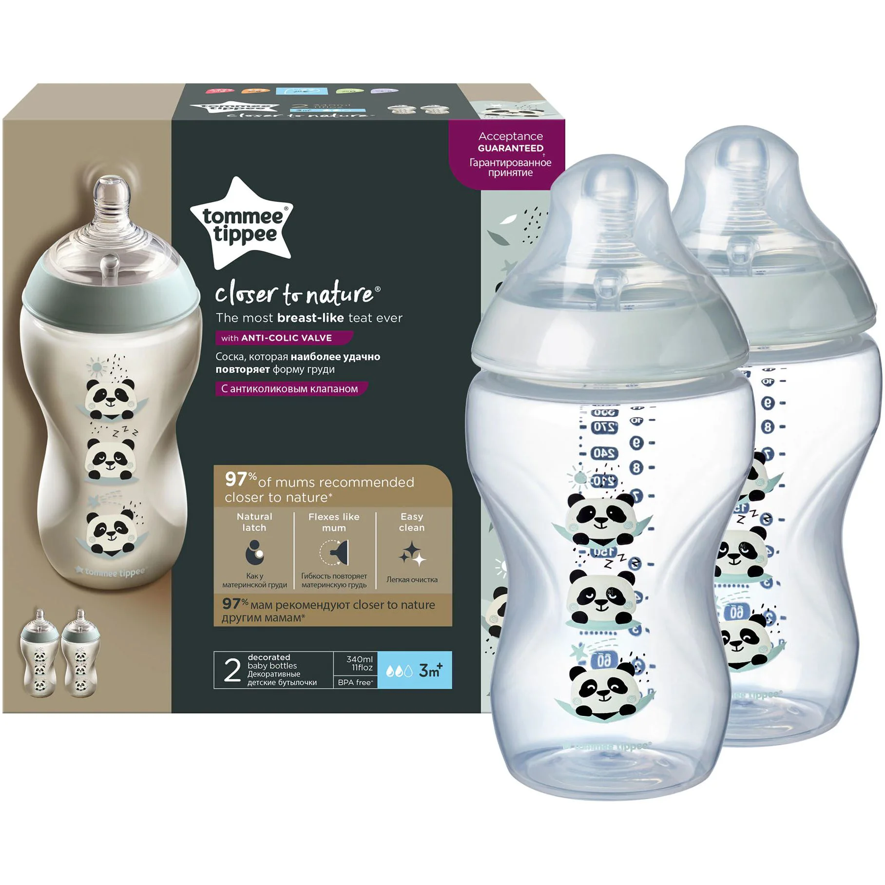 Бутылочка Tommee Tippee Girl Panda (3+ мес), 340 мл, 2 шт.