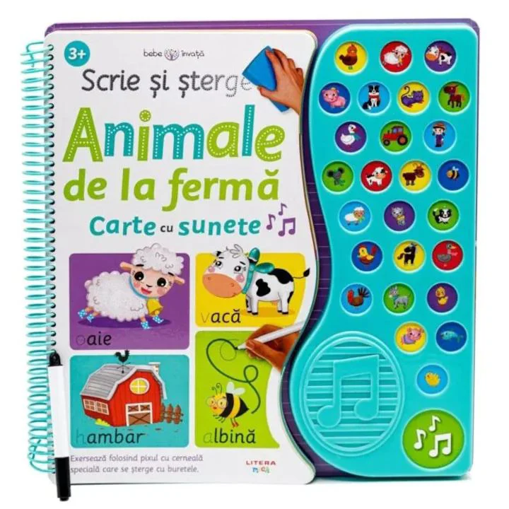 Scrie si Sterge. Animale de la Ferma. Carte cu sunete. Editura Litera