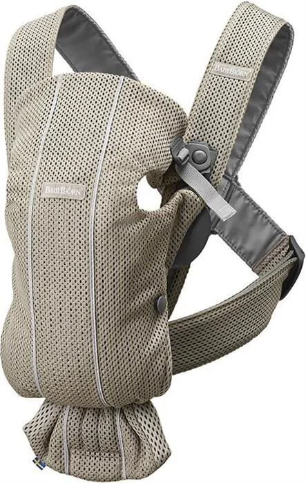Marsupiu anatomic BabyBjorn Mini Greige cu pozitii multiple de purtare, Mesh