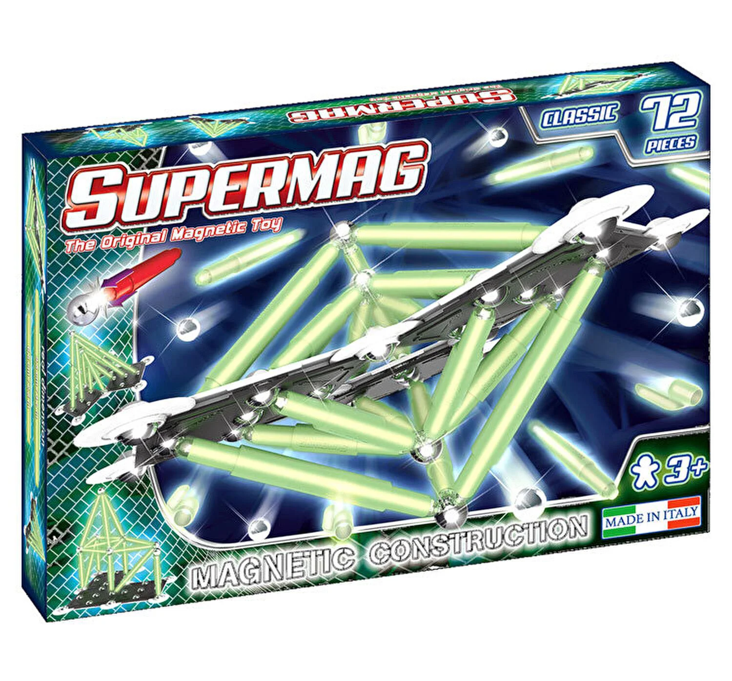 Set de constructie magnetic Supermag Classic Glow, 72 piese