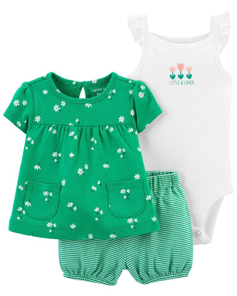 Carter's Set 3 piese Flori - body, tricou si pantaloni scurti foto