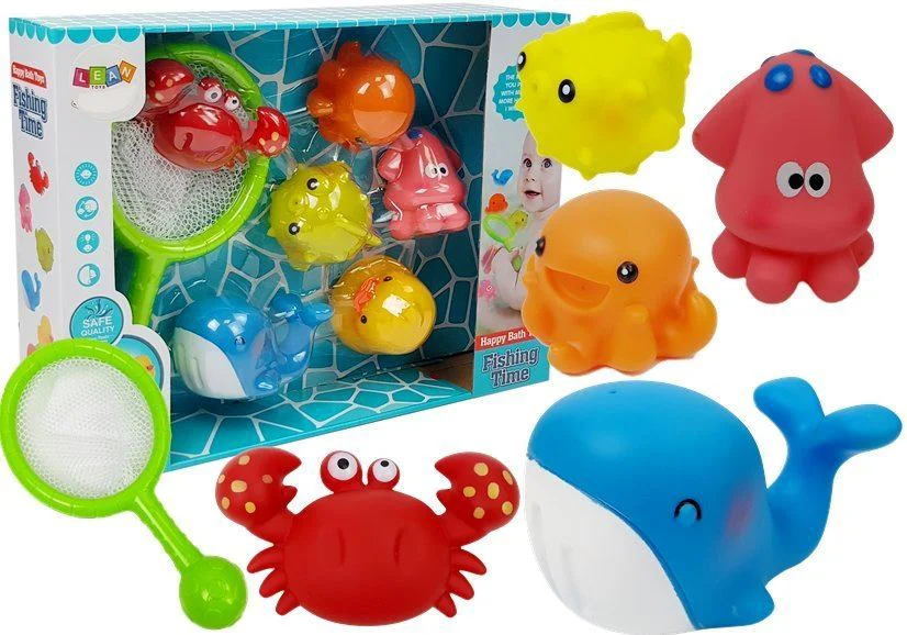 Set pentru baie LeanToys cu plasa si figurine animale marine foto