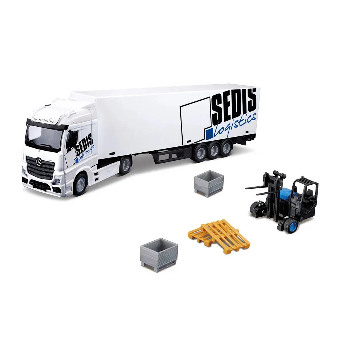 Set de joaca Bburago Fura Mercedes-Benz, Actros cu stivuitor, 1:43